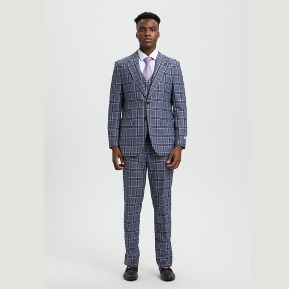 Stacy Adams Windowed Plaid 3pc Mens Suit, Stoned Blue - Picture 7 of 7